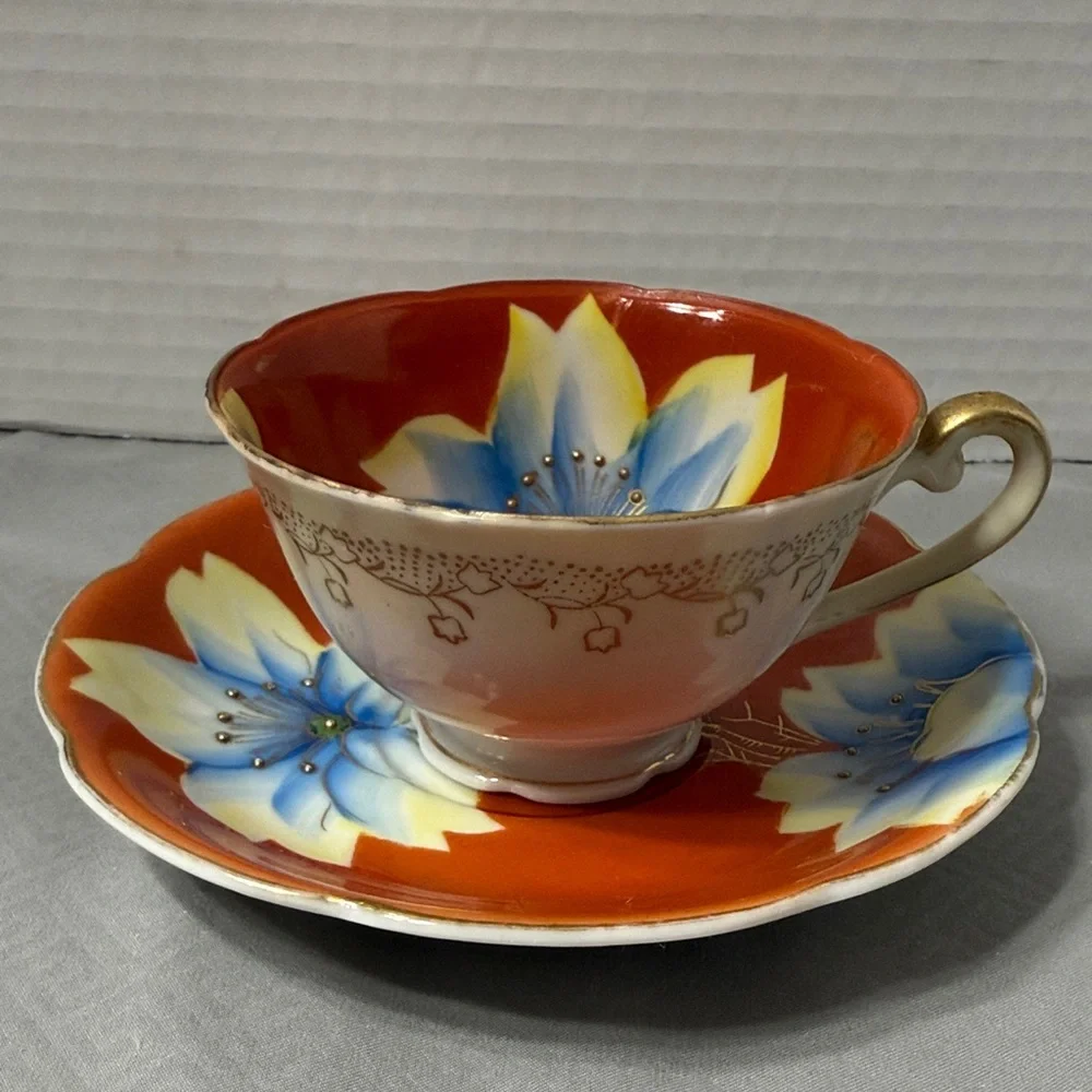 Vintage Handpainted Floral Teacup & Saucer  Porcelain Gold Detail Occupied Japan